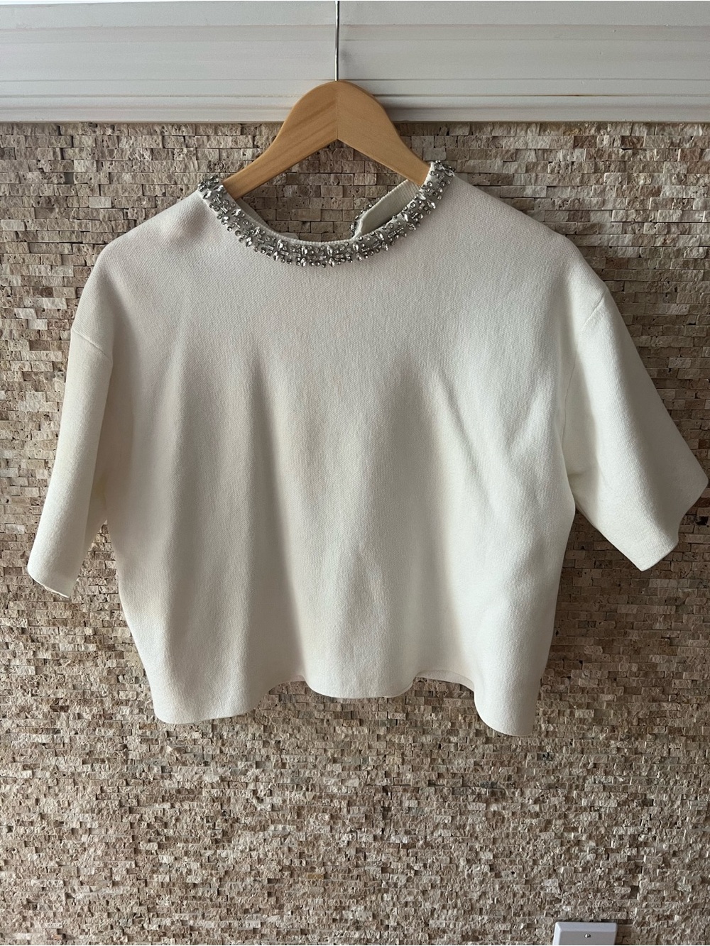 Zara White Jeweled Crewneck Short Sleeve Top